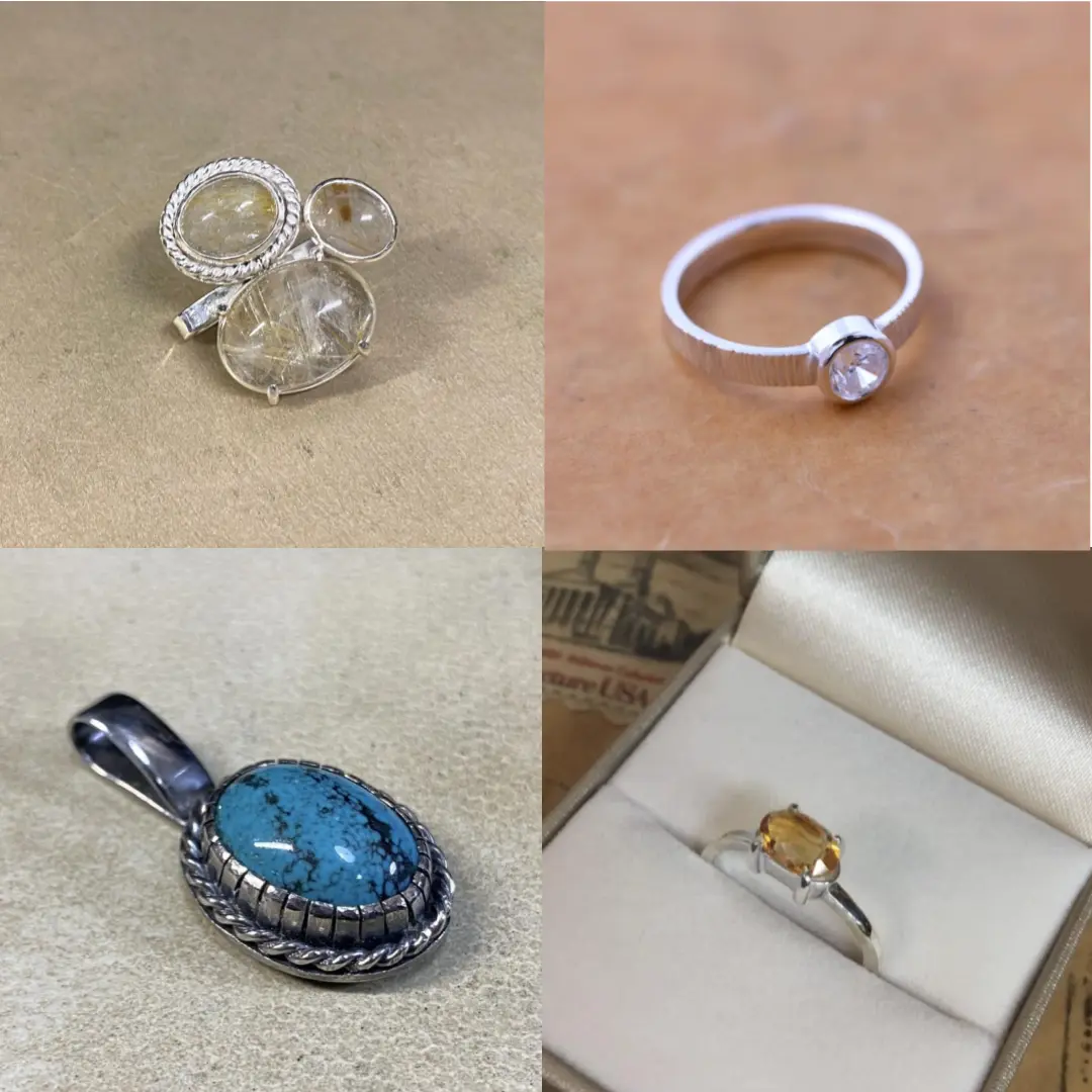 複数の宝石を留めたジュエリー作品